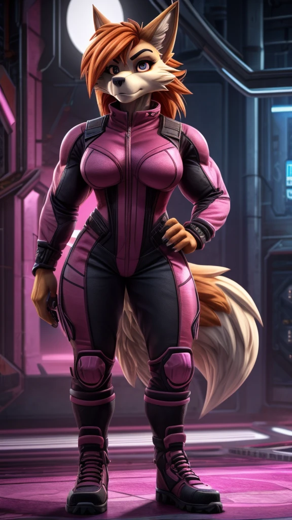 Skye from Paw Patrol, as a white furred female fox, anthro, mature adult, orange hair with fringe, magenta iris, medium to big breasts, medium to big butt, muscular, tall, slim, red bodysuit, standing, detailed, solo, beautiful, high quality, 4K