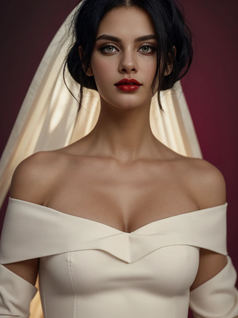 Best quality, masterpiece, ultra high res, (photorealistic:1.5), raw photo, 1 mature Ancient Egyptian girl, white off shoulder dress, in the dark, deep shadow, low key, cold light, sexy look, black Cleopatra's hair (((black hair))), bright eyes, yin sanpaku eyes, eyeshadow, (((plain red background))), cinematic studio lighting