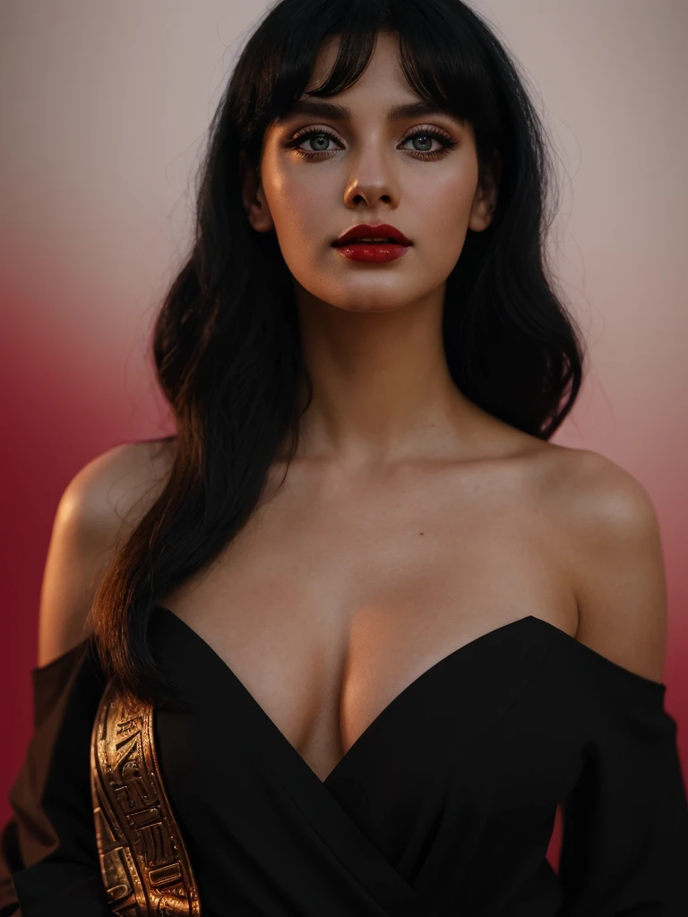 Best quality, masterpiece, ultra high res, (photorealistic:1.5), raw photo, 1 mature Ancient Egyptian girl, white off shoulder dress, in the dark, deep shadow, low key, cold light, sexy look, black Cleopatra's hair (((black hair))), bright eyes, yin sanpaku eyes, eyeshadow, (((plain red background))), cinematic studio lighting