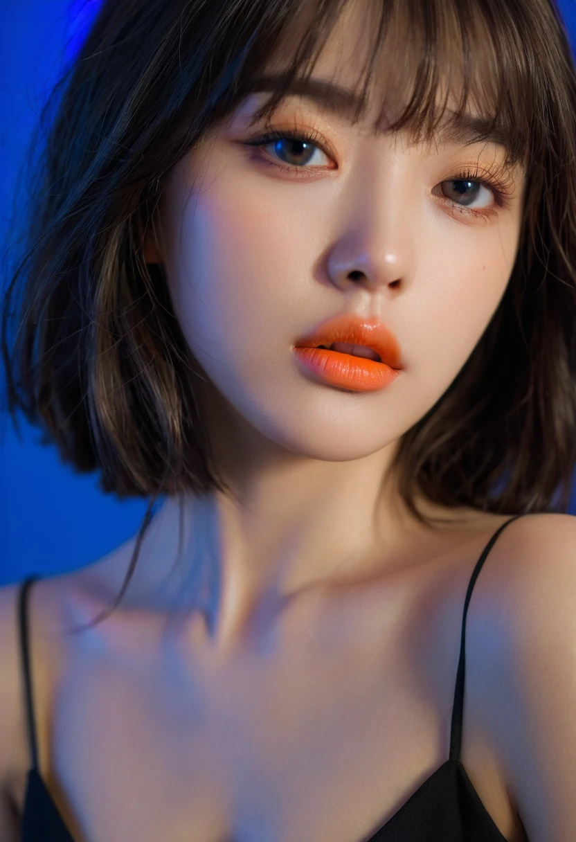 8k, best quality, 1 Girl, (Skin Indentation), night, (dark), Indoor clear background, (people), Beautiful bangs, Gorgeous,, (Clothing and:1.3),Soft lighting, attractive, dark Room, (mouth close:1.2, beautiful eyes, Delicate eyes, Detailed iris, Beautiful lips, Beautiful nose, Pretty Face),(primary color:1.5),(Ambient Light:1.5),(Neon light:1.8)