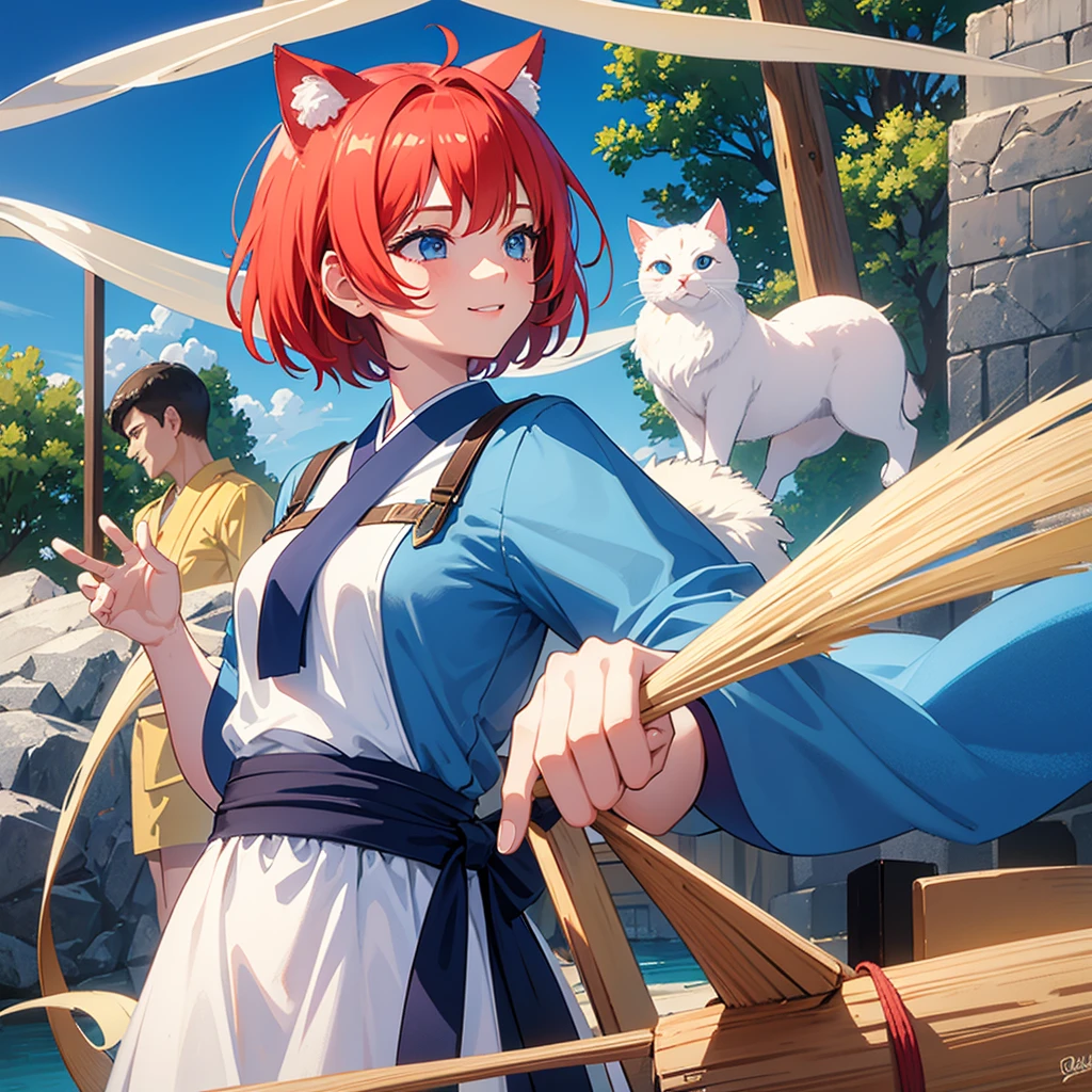1 girl,Redhead Bob Cut、Long Bangs、Blue eyes、Summery light blue kimono 、Cute smile、From the front towards you、profile,In 8K, Surreal, Lens flare,It looks like a fun atmosphere., Shine, be familiar with, complicated, Many colors, Bright lighting from the front, Trending on Art Station,, Surreal, , 極限be familiar with, Unreal Engine 5, masterpiece, Highest quality、Upper Body、White Feather、Cat ear