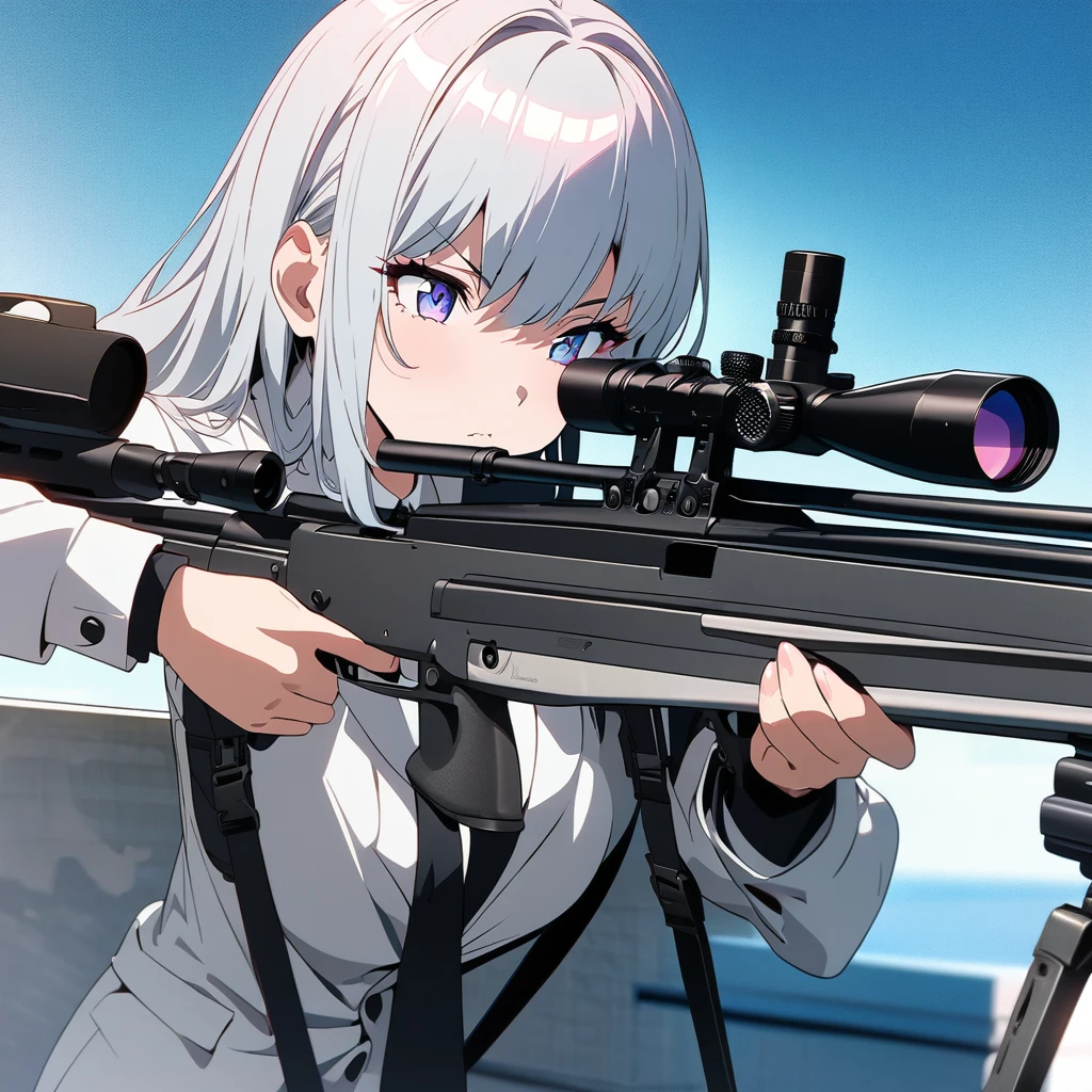 Masterpiece, ultra detailed, beautiful,Super Saturation, anime style, sniper, secret service, sniper rifle, black suit,AWM,Set up a sniper rifle from the rooftop,CS LR4 Precision Sniper System,look through the scope