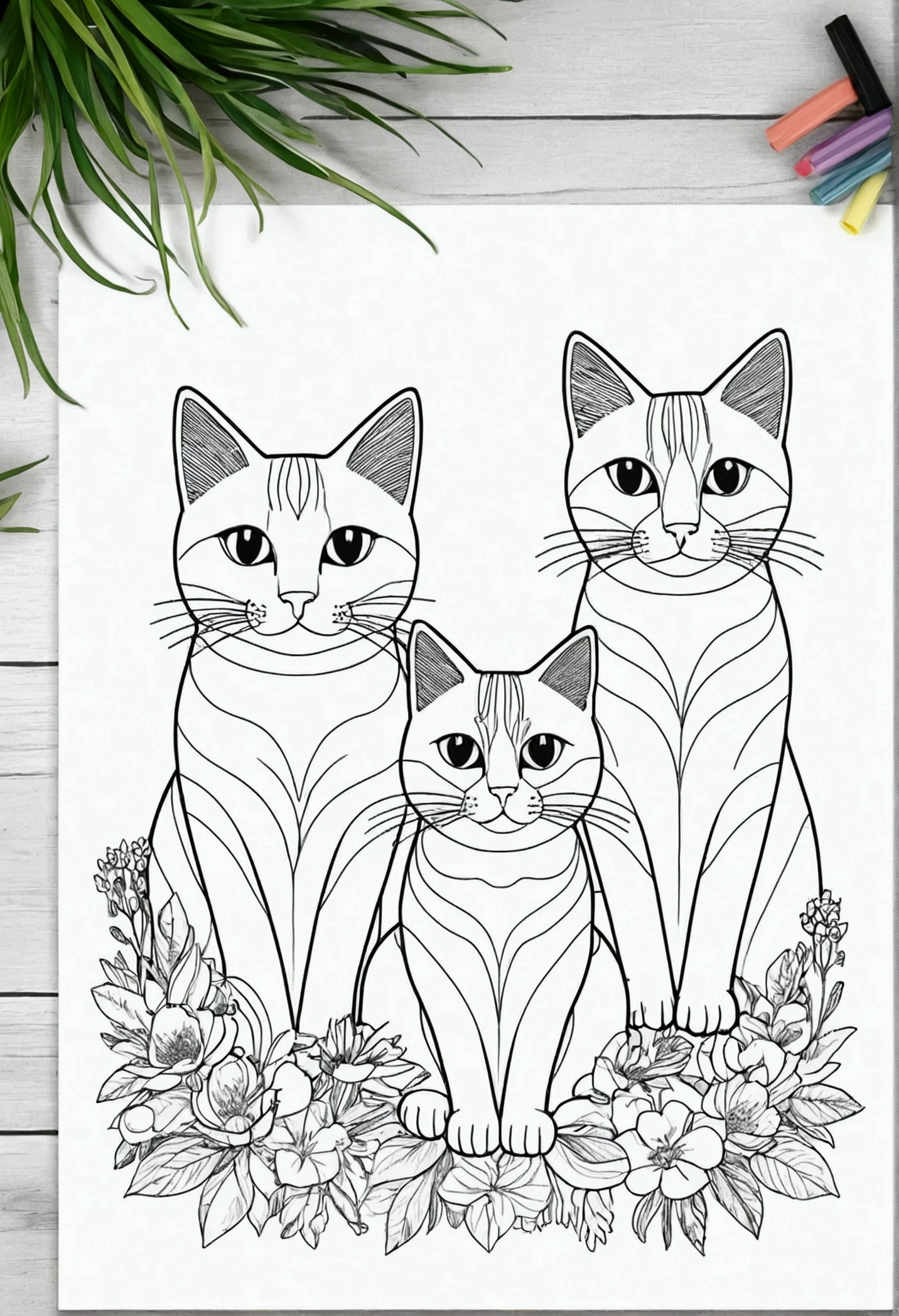 A printable black and white coloring page featuring cats, clean simple line art