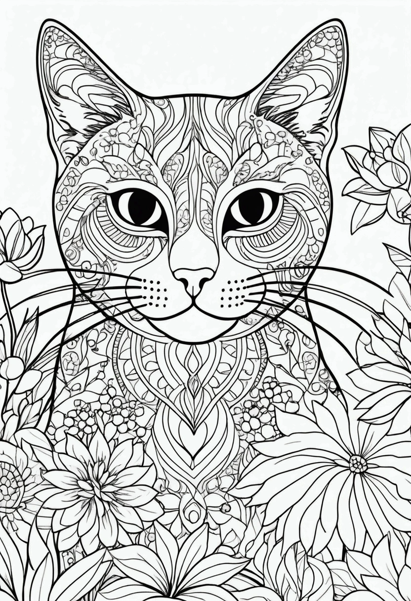 A printable black and white coloring page featuring cats, clean simple line art