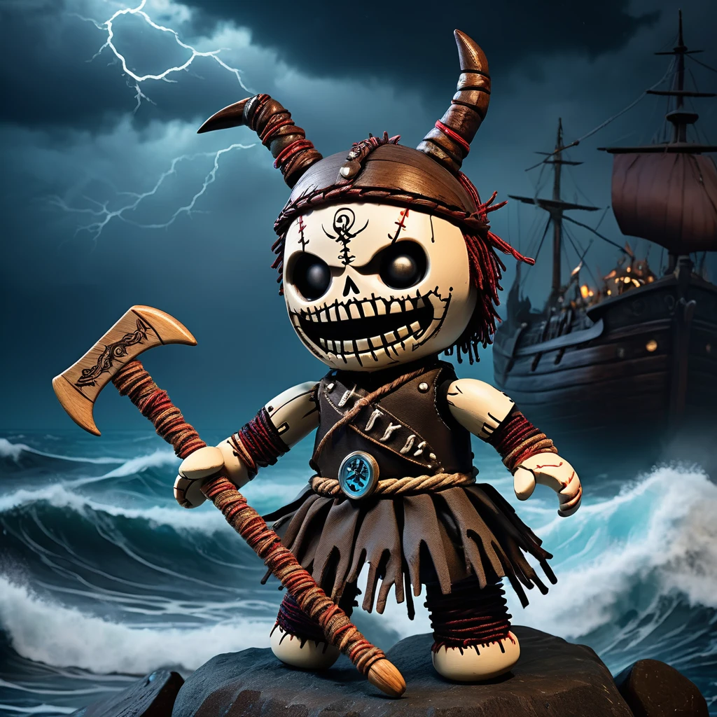 (knitted toy voodoo doll:1.8), (Voodoo Cursed Viking:1.3), (Clothing: tattered Viking attire with sinister runes:1.0), (Accessories: enchanted axe emitting a ghostly glow, floating spectral longships:1.1), (background: dark, stormy sea with ghostly ships, crashing waves, and an atmosphere of nautical terror:1.2), best quality, masterpiece, detailed soft oil painting, detailed background, dramatic cinematic lighting, soft edge lighting, professional, dramatic lighting, hard edge lighting, ultra quality, 4k,masterpiece, best quality, 8k, ultra highres, highres, extremely detailed