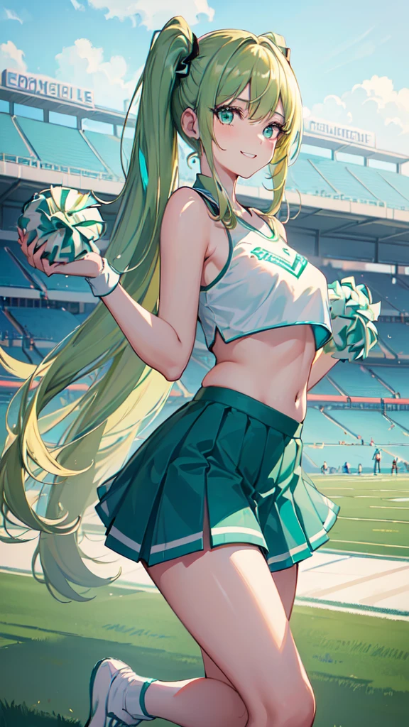 (masterpiece, top quality, best quality, official art, beautiful and aesthetic:1.2), (8k, best quality, masterpiece:1.2), (((masterpiece))), (((best quality))), (((extremely detailed))), illustration, who, (masterpiece, top quality, best quality, official art, beautiful and aesthetic:1.2), (8k, best quality, masterpiece:1.2), 1girl, crop top, cheerleader, Pom-poms in hand, (((blonde hair))), very long twin tails, medium breasts, (((turquoise eyes))), full body, wide hips, smile, skirt, (((dark green and white cheerleader outfit))), (((football field))),