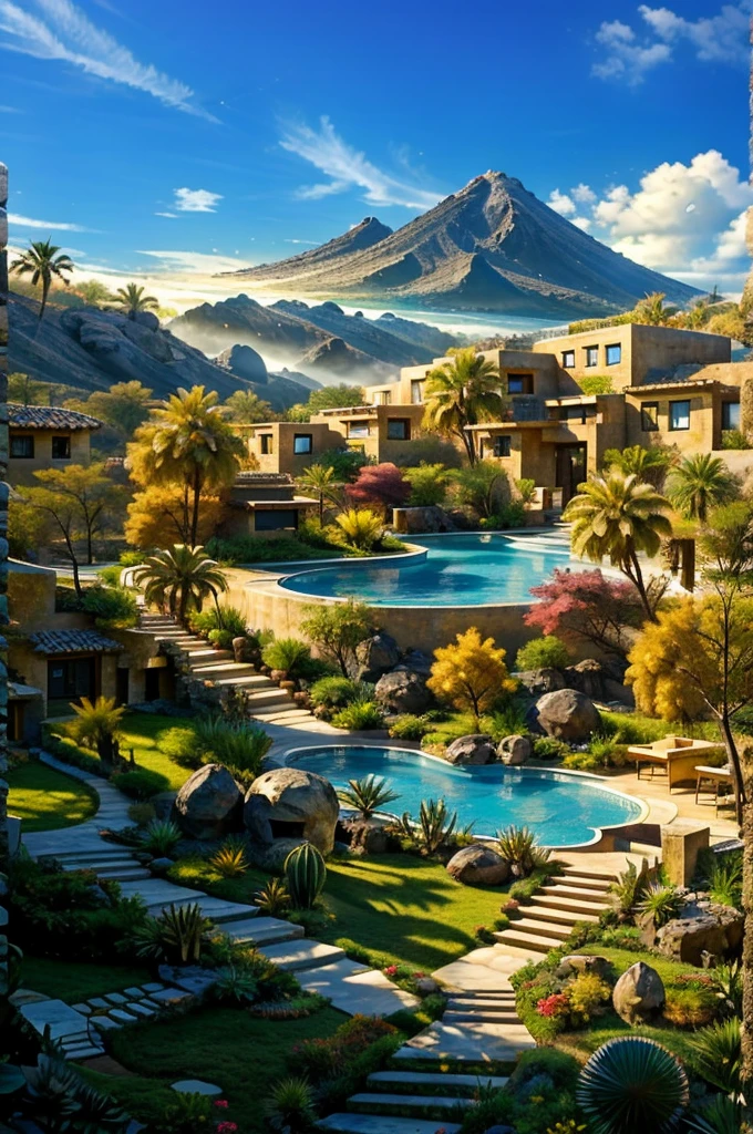 Multiple houses, brutalism style, Luis Barragán, Mountains in background, river, pool, terraces, stairs, garden terraces, trees, beautiful clouds, moon, sun, detailed, cacti, boulders, volcanic rocks, fuggy,