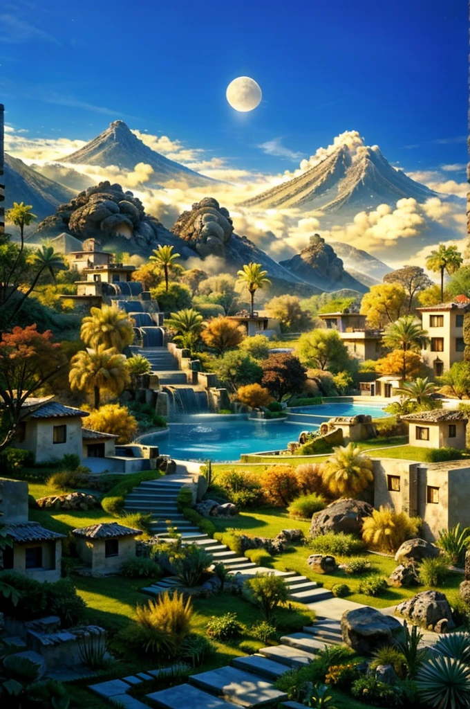 Multiple houses, brutalism style, Luis Barragán, Mountains in background, river, pool, terraces, stairs, garden terraces, trees, beautiful clouds, moon, sun, detailed, cacti, boulders, volcanic rocks, fuggy,