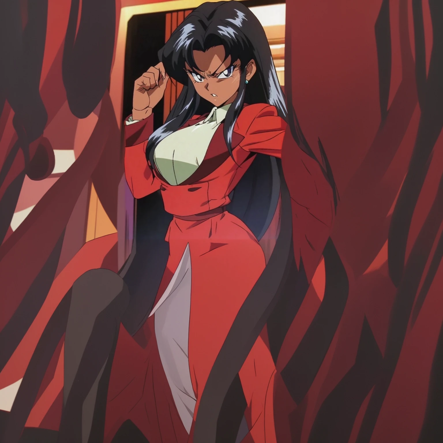 90s anime Evil black skinned business woman in a red suit and red skirt and red heels and long red sleeves