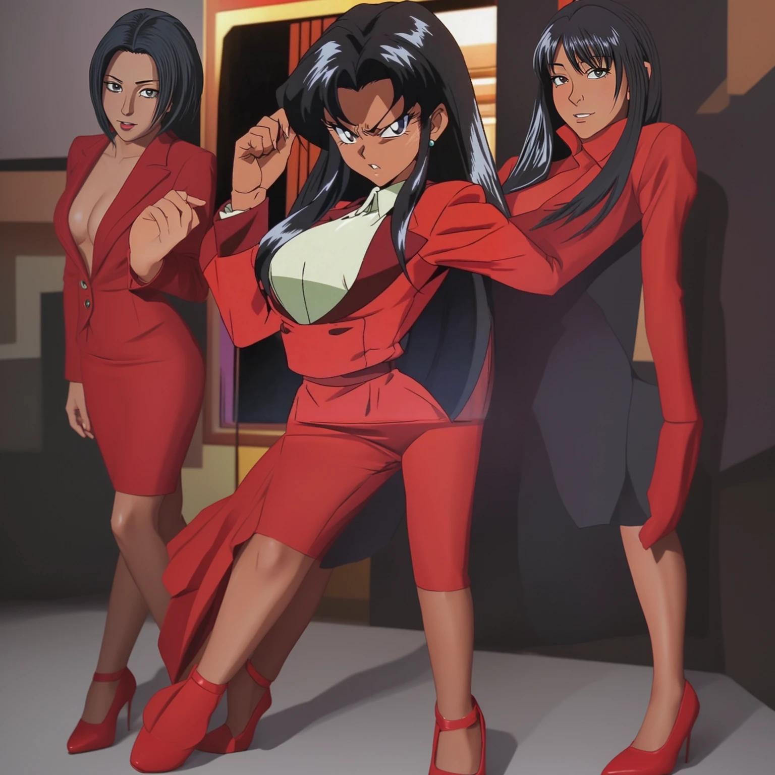 90s anime Evil black skinned business woman in a red suit and red skirt and red heels and long red sleeves