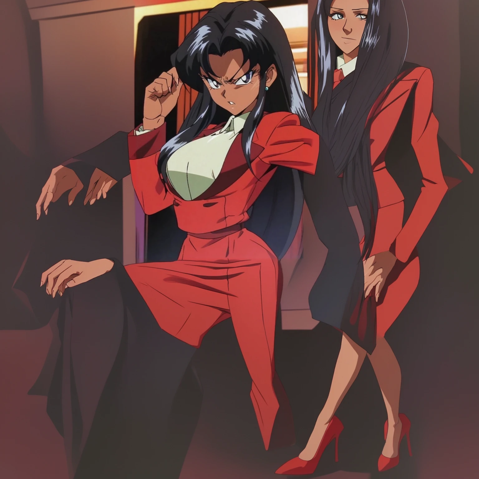 90s anime Evil black skinned business woman in a red suit and red skirt and red heels and long red sleeves