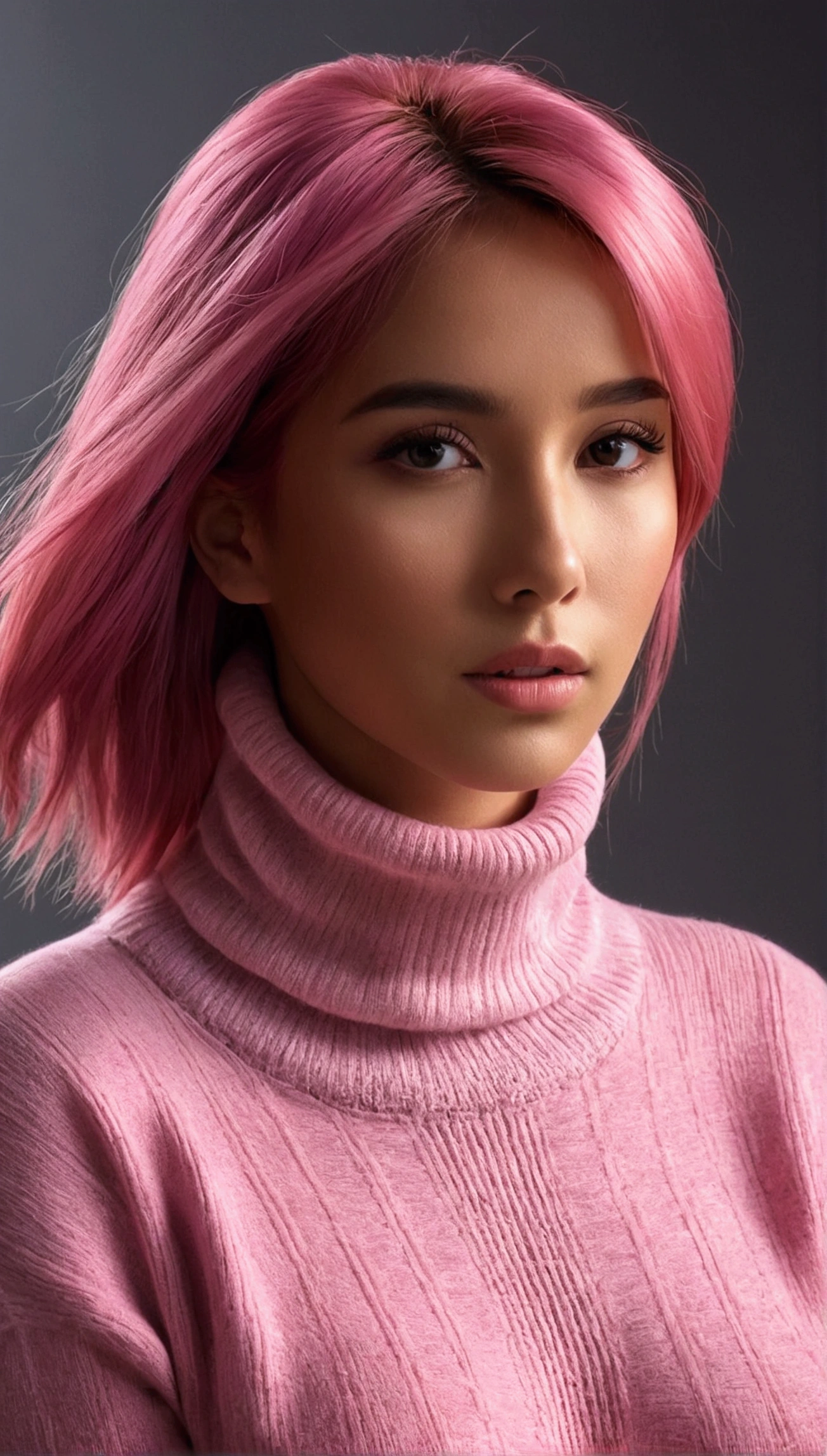 fitaitana pink hair, 1girl, wearing a turtleneck sweater,, professional, photography, excellent lighting, impeccable, precision, rich colors, deep shadows, clarity, high-resolution, razor-sharp, composition, light and shadow, timeless beauty, captivated, artistry, craftsmanship, elegance, sophistication, exquisite, details, atmosphere, balance, masterful, technique, expertly captured, stunning, visual impact, top-quality, compelling, professional-grade, aesthetics, flawless, remarkable, perfection, attention, dynamic, evocative, nuanced, depth, vibrancy, masterclass, breathtaking, awe-inspiring, high-definition, alluring, enchanting, texture, storytelling, mesmerizing, cinematic, elite, artistry.