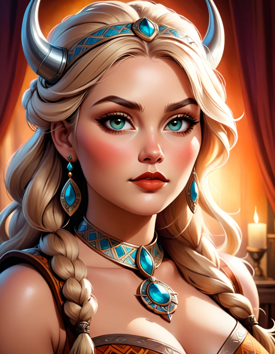 a beautiful busty viking woman, intricate art deco style portrait, highly detailed face, intense eyes, full lush lips, detailed skin texture, ornate jewelry, dramatic lighting, warm color palette, oil painting, photorealistic, 8k, high quality, masterpiece