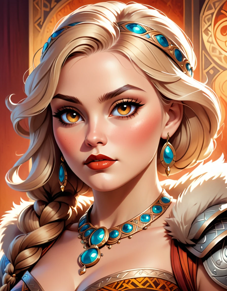 a beautiful busty viking woman, intricate art deco style portrait, highly detailed face, intense eyes, full lush lips, detailed skin texture, ornate jewelry, dramatic lighting, warm color palette, oil painting, photorealistic, 8k, high quality, masterpiece
