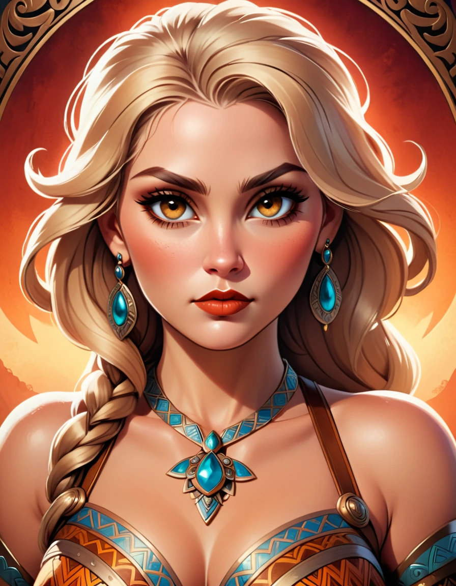 a beautiful busty viking woman, intricate art deco style portrait, highly detailed face, intense eyes, full lush lips, detailed skin texture, ornate jewelry, dramatic lighting, warm color palette, oil painting, photorealistic, 8k, high quality, masterpiece