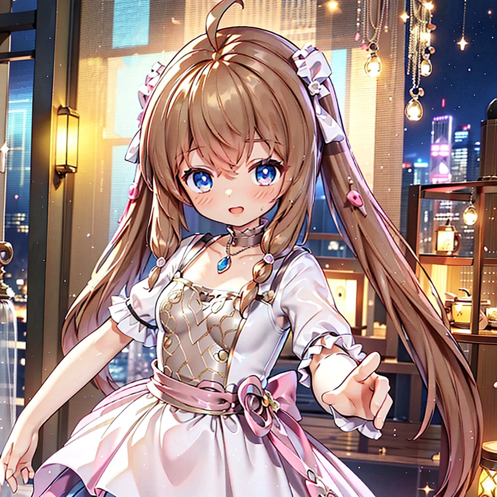 Solo, girl, comical, kawaii, Blue eyes, light brown hair, back high twintails, front braids, yellow princess dress, yellow dress, open mouth smile, front view, standing in front of viewer, neon and led lights, posing, sexy, high-resolution image, masterpiece, high quality, attractive eyes, upper body, perfect body,