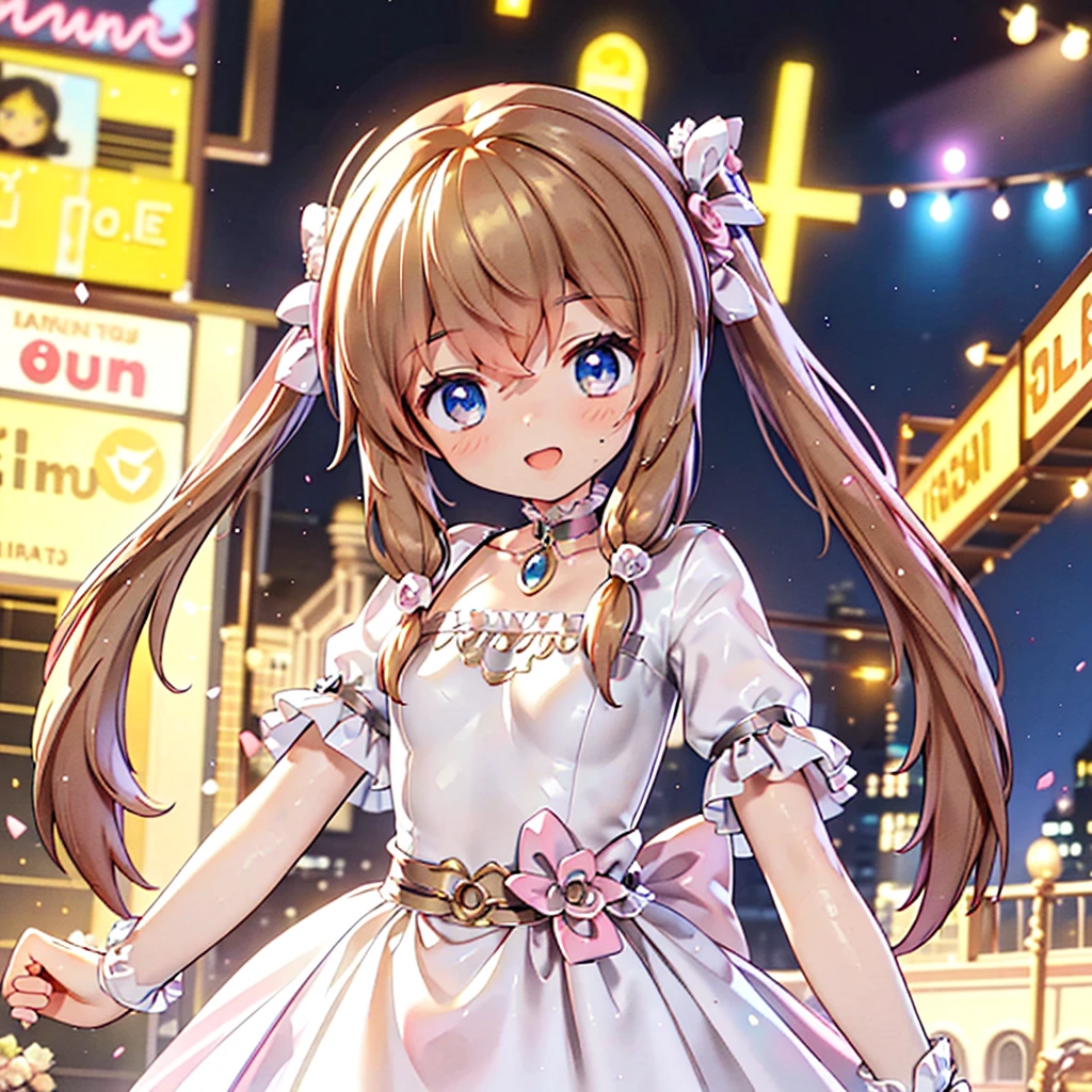 Solo, girl, comical, kawaii, Blue eyes, light brown hair, back high twintails, front braids, yellow princess dress, yellow dress, open mouth smile, front view, standing in front of viewer, neon and led lights, posing, sexy, high-resolution image, masterpiece, high quality, attractive eyes, upper body, perfect body, 
