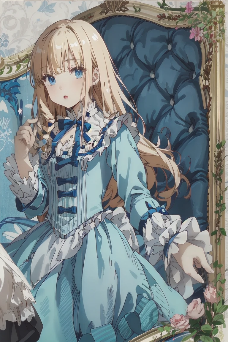 (Official Art、Highest quality、Unity 8k wallpaper、32k、masterpiece、Ultra-detailed、Ultra-high resolution)、Fantasy、((Alice in Wonderland))、Blonde、Tie your hair with a ribbon、Blue colored eyes、Blue Apron Dress、White socks、Trump、Usagi