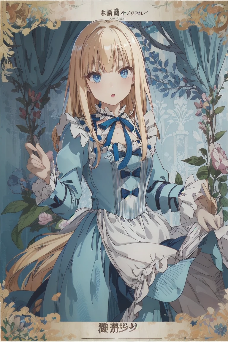 (Official Art、Highest quality、Unity 8k wallpaper、32k、masterpiece、Ultra-detailed、Ultra-high resolution)、Fantasy、((Alice in Wonderland))、Blonde、Tie your hair with a ribbon、Blue colored eyes、Blue Apron Dress、White socks、Trump、Usagi