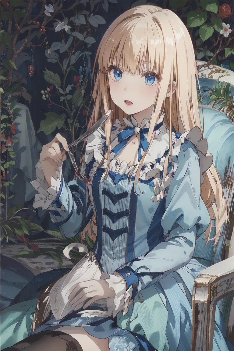 (Official Art、Highest quality、Unity 8k wallpaper、32k、masterpiece、Ultra-detailed、Ultra-high resolution)、Fantasy、((Alice in Wonderland))、Blonde、Tie your hair with a ribbon、Blue colored eyes、Blue Apron Dress、White socks、Trump、Usagi