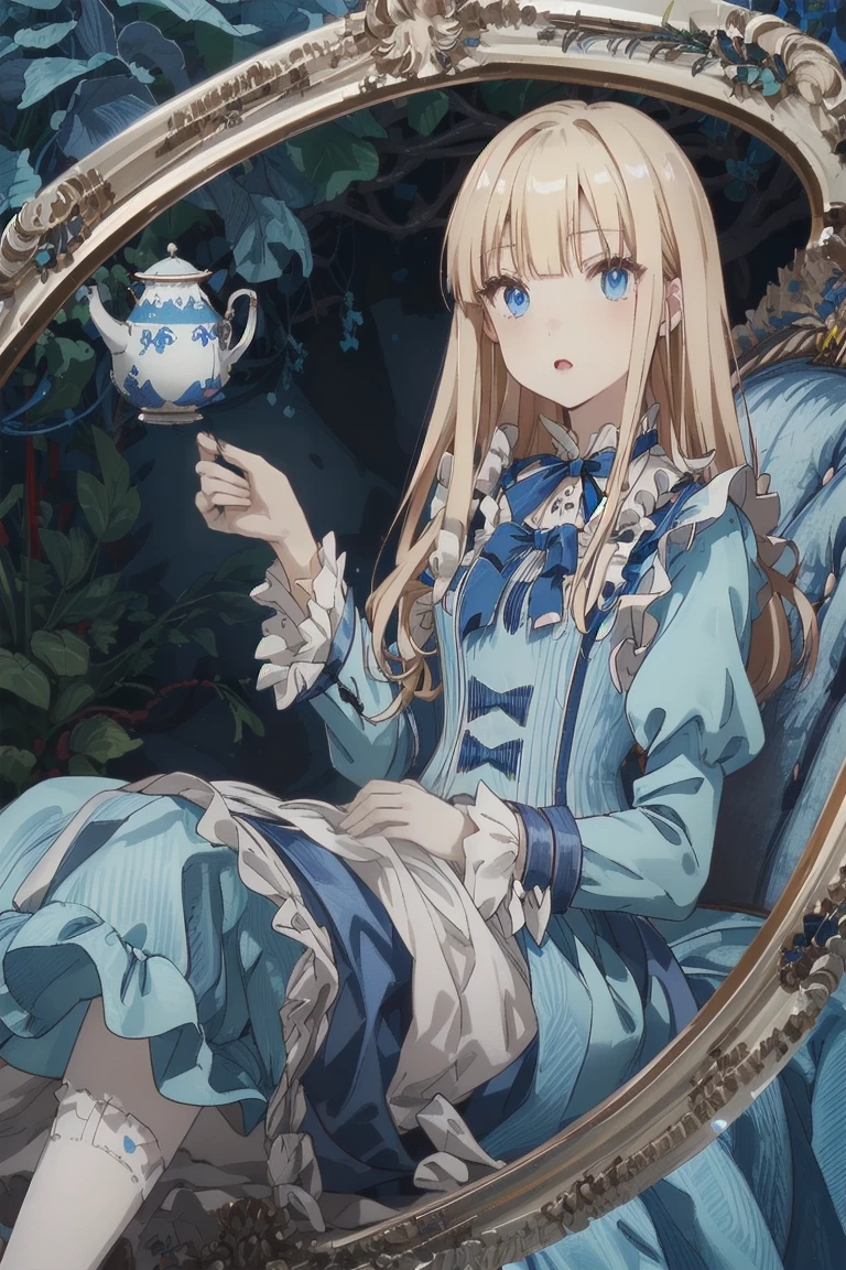 (Official Art、Highest quality、Unity 8k wallpaper、32k、masterpiece、Ultra-detailed、Ultra-high resolution)、Fantasy、((Alice in Wonderland))、Blonde、Tie your hair with a ribbon、Blue colored eyes、Blue Apron Dress、White socks、Trump、Usagi