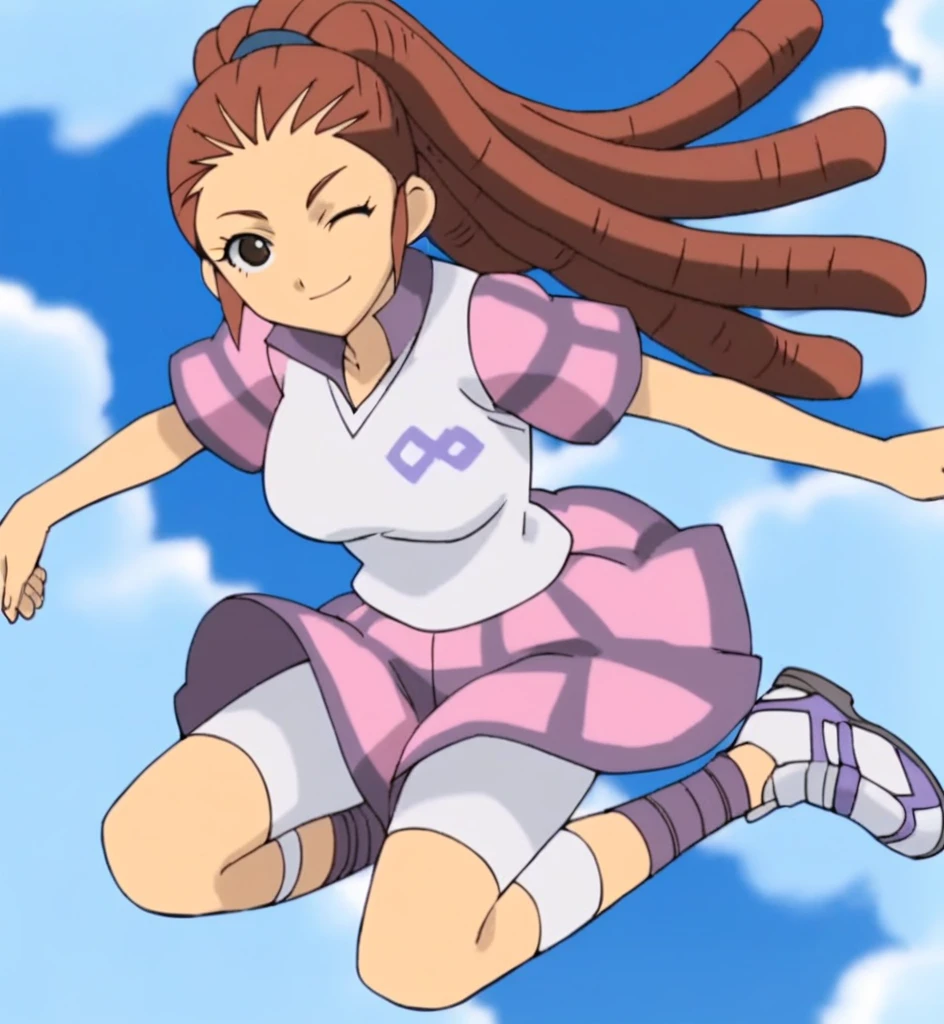 score_9, score_8_superior, score_7_superior, score_6_superior, score_5_superior, score_4_superior, sauce_anime, One girl, Midou Reika, Dreadlocks, Long Hair, High Ponytail, Brown eyes, Pause,, smile, View your viewers, Big Breasts ballerina ballet Anne O Wink heart Infatuated Dancing with the girls