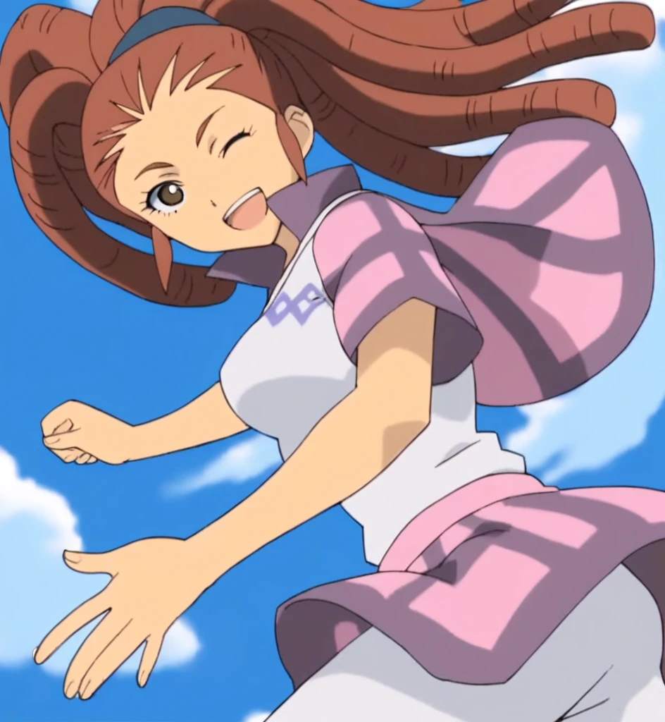 score_9, score_8_superior, score_7_superior, score_6_superior, score_5_superior, score_4_superior, sauce_anime, One girl, Midou Reika, Dreadlocks, Long Hair, High Ponytail, Brown eyes, Pause,, smile, View your viewers, Big Breasts ballerina ballet Anne O Wink heart Infatuated Dancing with the girls