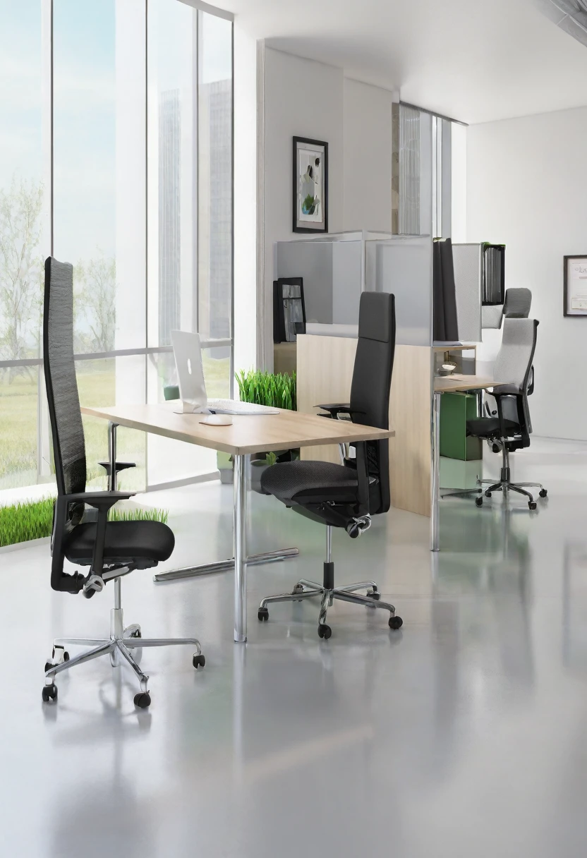 There are many chairs and tables in this office.,You can see the grass, office furniture, Ergonomic, In an open workspace, multiple desk, Modern Office, Artistic Rendering, Portraits, Aaron Alfredo, Environmental photography, esthetic photo, CG Rendering, , High-quality images, desk, panoramic