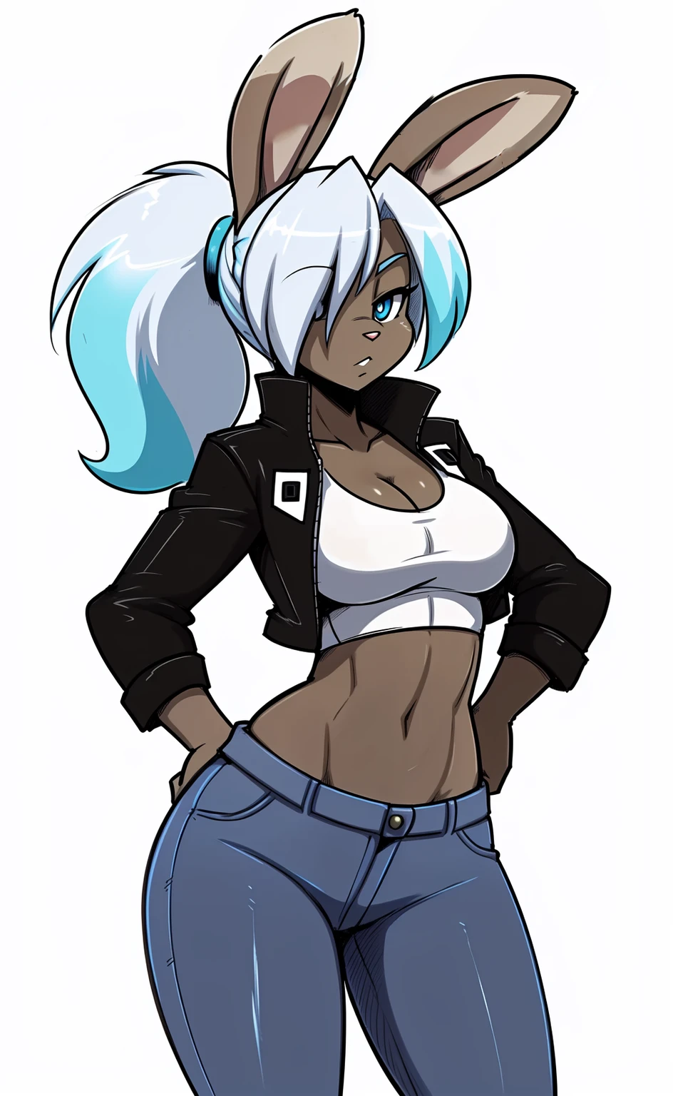 (adult, sketch-ish, 2d, absurdres, best quality, uploaded on e621), (by uc77, by zeekzag, (by sssonic2:1.04), by skidd, by john joseco, by kadath, by bigdad, by shonuff, by scappo), ((white background, no background:1.4)), (waist portrait, manga styled, manga styled eyes, intense pupils, getter robo styled eyes), (sassy, seductive, cute, adult), (female anthro rabbit, solo, rabbit ears, lop ears, down ears, lop down ears:1.2), ((dark tan body, dark tan fur, single color fur, single color body:1.5)), (pattens blue eyes, bedroom eyes, lidded eyes), ((medium-length hair with a ponytail, baja white hair, celeste cyan hair, very light blue hair, bright blue hair, gradient hair)), (hair over eye), ((waist jacket, white sports bra, white and black jeans)), (curvy figure), (((short rabbit tail:1.1))),