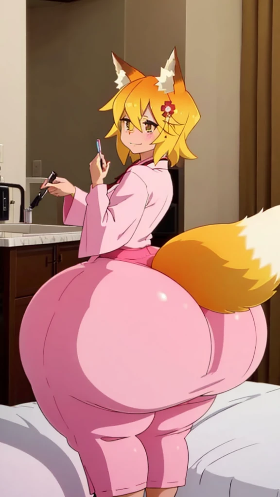 big , hyper , masive , big , massive , hyper ,  the size of a bed, young gir, pink pijama, teenege girl, back view, sen, blonde hair, animal ears, fox ears, blush, animal ear fluff, hair ornament, fox girl, hair flower, hair between eyes, short hair, fox tail, tail, medium , yellow eyes, , japanase , seductive smile
