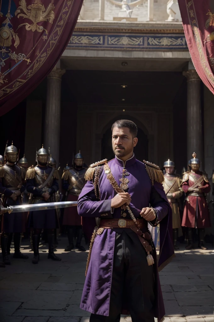 ((Best quality, 8k, Masterpiece :1.3)), Sharp focus :1.2, dynamic light, an imperial emperor standing in front of a powerful army in the background, epic scene, wide perspective, medieval period, luxury, powerful empire, purple outfit, core color is red, banner, fancy sword, wear armor, Ottoman and Roma Culture, man, 30 years old