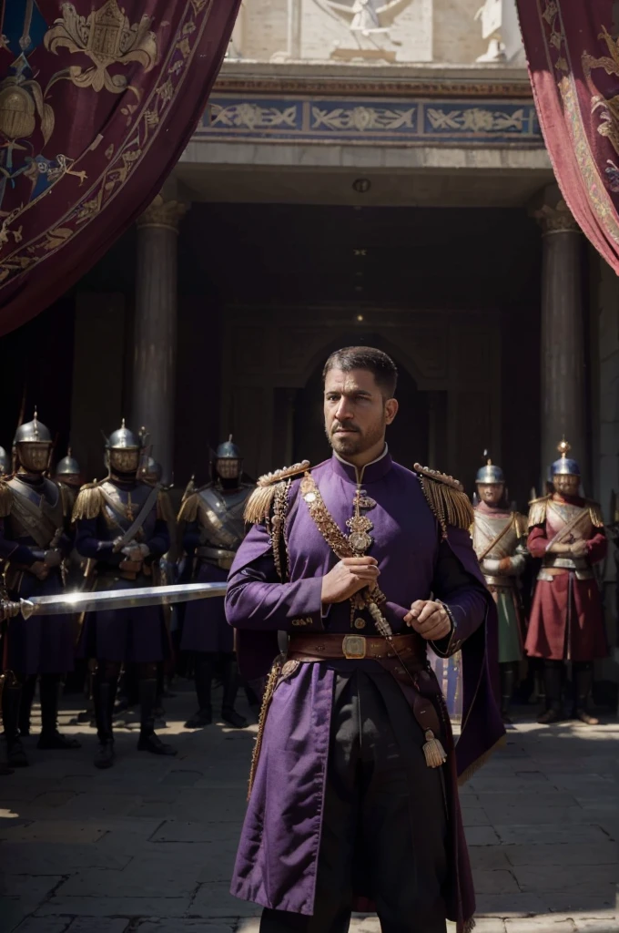 ((Best quality, 8k, Masterpiece :1.3)), Sharp focus :1.2, dynamic light, an imperial emperor standing in front of a powerful army in the background, epic scene, wide perspective, medieval period, luxury, powerful empire, purple outfit, core color is red, banner, fancy sword, wear armor, Ottoman and Roma Culture, man, 30 years old