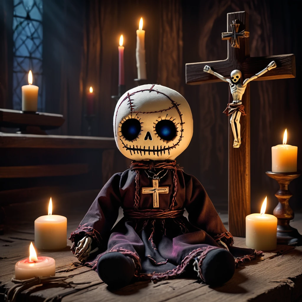 (knitted toy voodoo doll:1.5), (Voodoo Possessed Exorcist:1.3), (Clothing: tattered priestly robes with eerie patterns:1.0), (Accessories: enchanted crucifix emitting a ghostly glow, floating spectral demons:1.1), (background: dark, abandoned church with flickering candles, eerie whispers, and an atmosphere of unholy dread:1.2), best quality, masterpiece, detailed soft oil painting, detailed background, dramatic cinematic lighting, soft edge lighting, professional, dramatic lighting, hard edge lighting, ultra quality, 4k,masterpiece, best quality, 8k, ultra highres, highres, extremely detailed