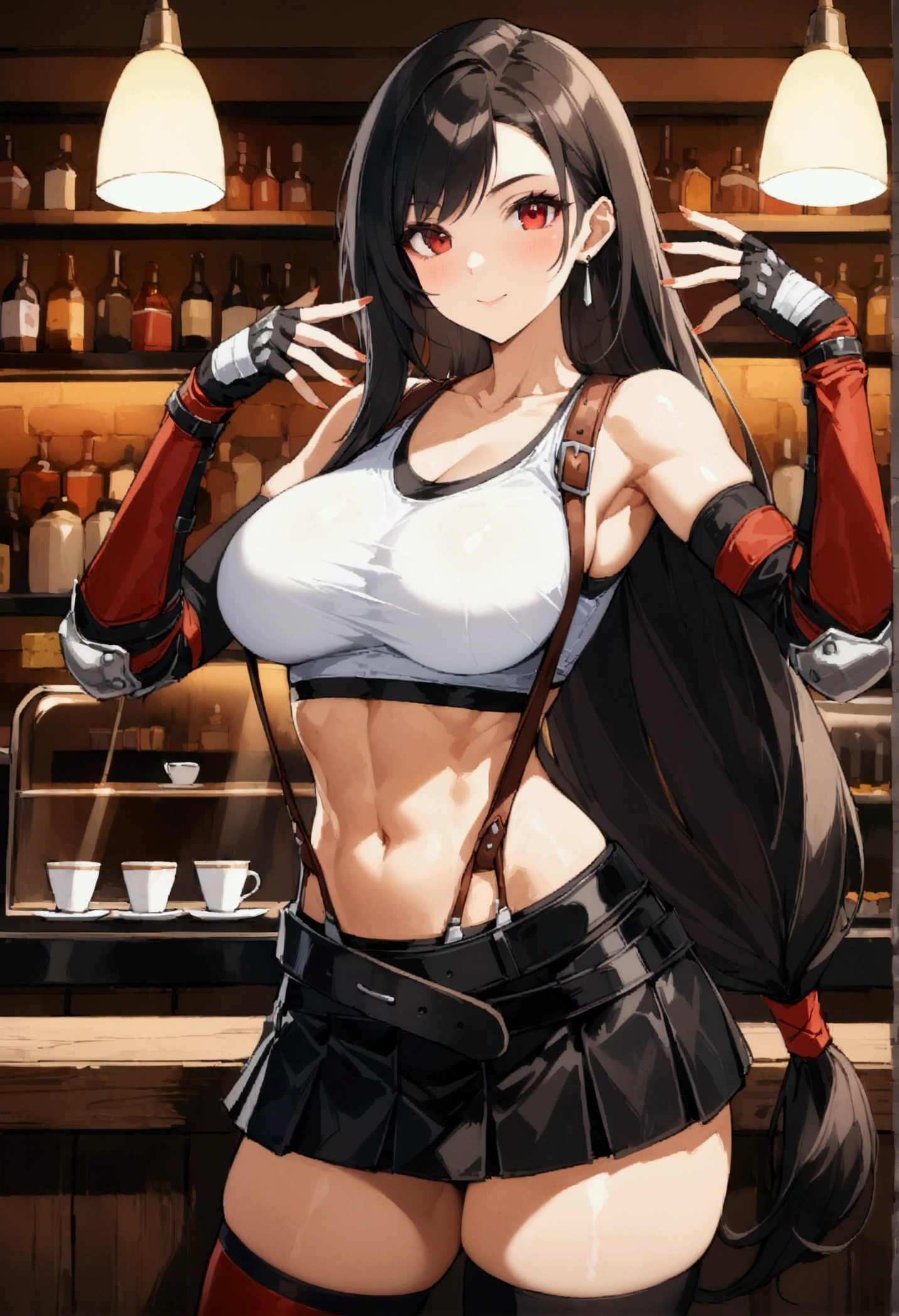 (score_9, score_8_up, score_7_up), (best quality, masterpiece) , perfect anatomy,(aesthetic,very aesthetic),.official style,intricate.hyper-detailed, ultra-high resolution, 1girl, tifa lockhart, final fantasy,(beautiful woman). black hair, low-tied long hair, red eyes, bangs, white tank top,gap, belt, pleated skirt, thighhighs, elbow fingerless gloves, elbow pads, midriff, navel,suspender skirt.zettai ryouiki ,,(large_breasts:1.3),Solo,upperbody,looking_at_viewer,contrapposto pose, vibrant, joyful,cafe and bar, ,Framin,specular reflection,close-up of toned abdomen , ,