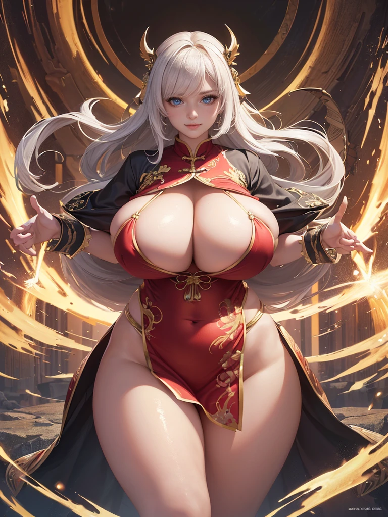Highly detailed CG unit 8k wallpaper, masterpiece, High resolution, highest quality, highest quality real texture skin, Super Real, Digital Painting, Best image quality, 最High resolution, 8k, ((Highly detailed eyes and face)), 1girl, Beautiful eyes every detail, Full Body Shot, (((Saggy breasts, Gravity-dependent breasts, long chest, Heavy chest, ))), ((disproportionate breasts, huge breasts, sagging breasts, Cleavage, gigantic breasts, erect nipple,)), short hair, Tube top, Loincloth, Chinese style embroidery, china dress, chinese dress, ancient China, evil grin, smile,