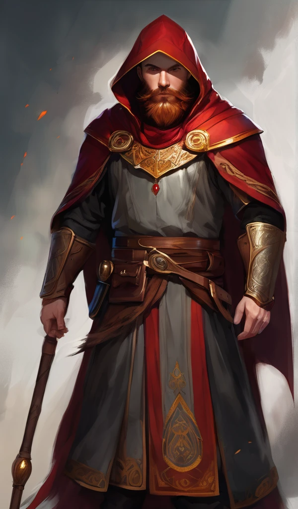 Male cleric, Tall, sturdy build, short auburn hair, deep-set hazel eyes, neatly trimmed red beard, fair skin, strong jawline, flowing crimson robes, gold embroidery, red hood, brown leather, polished wooden staff with a red gem at its tip, aura of serene authority