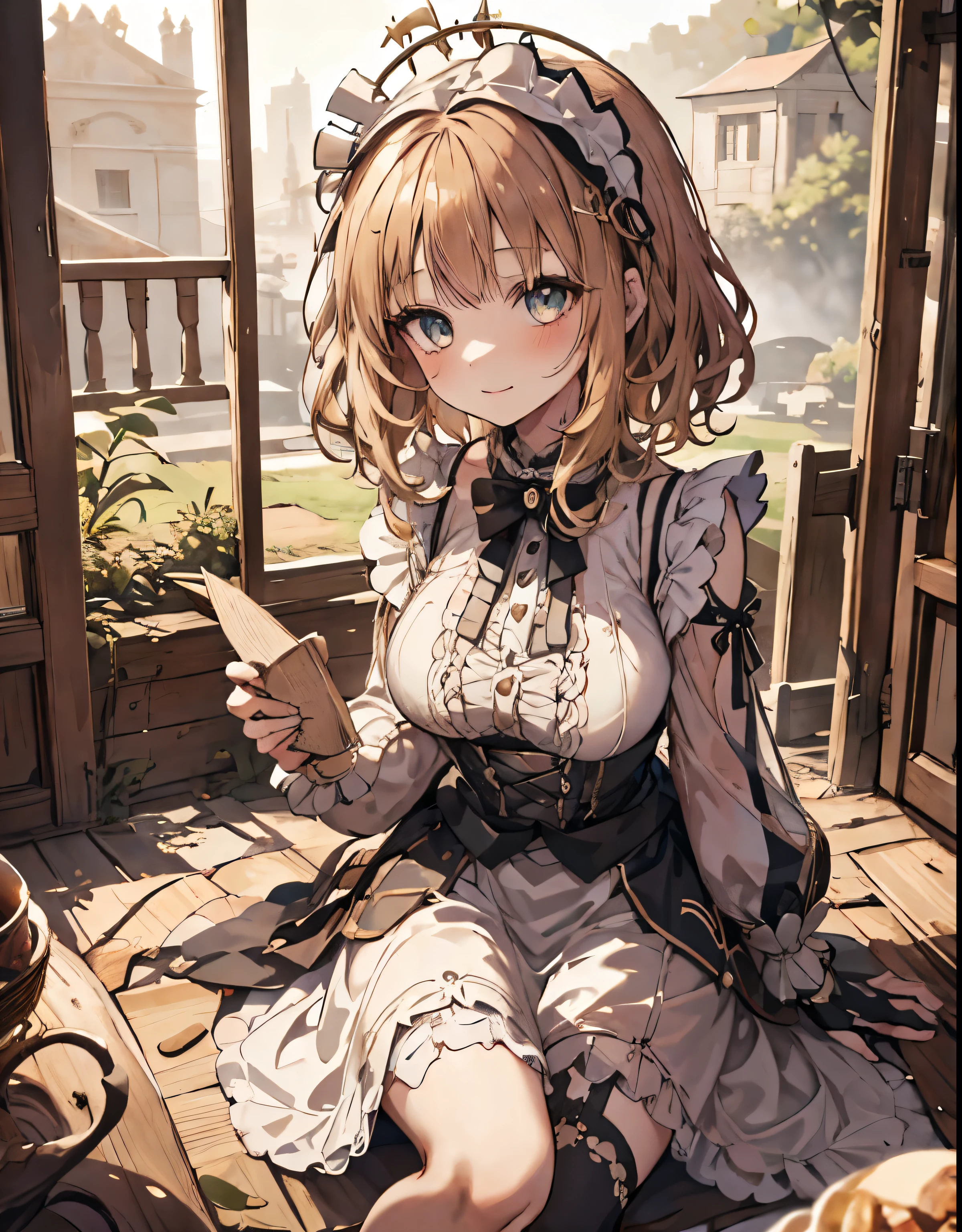 masterpiece, 1girl, sparrow, a dark blonde haired girl, wearing a victorian dress, curly short hair, messy hair, slim body, he close her left eye, shirt ornament, ruby eyes, ahoge, baby face, big breast, beautiful breasts, rounded breasts, long sleeves, beautiful eyes, white stocking, droopy eyes, her age is 19 years old, ricefield, bowtie, nilou (genshin impact), lovely face, medium hair, lovely smile, curly hair, gothic lolita, maid headband