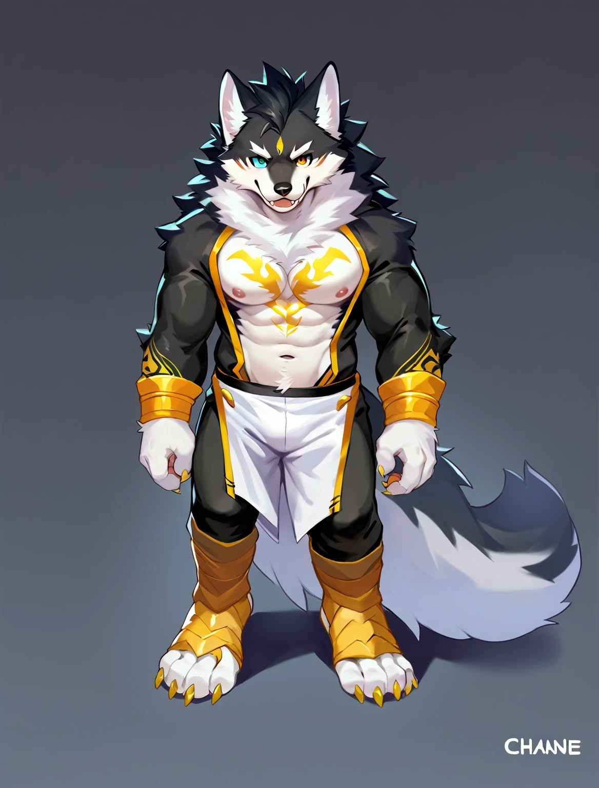 score_9,score_8_up,score_7_up, wolf, black fur, heterochromia, anthro, mohawk, black hair, furry art, black fur, gold tattoo, cheeks tuft, shoulder tuft, male focus, cute fangs, kemono, fluffy neck, icon portrait, claws, navel, nipples, (by chunie), front view,