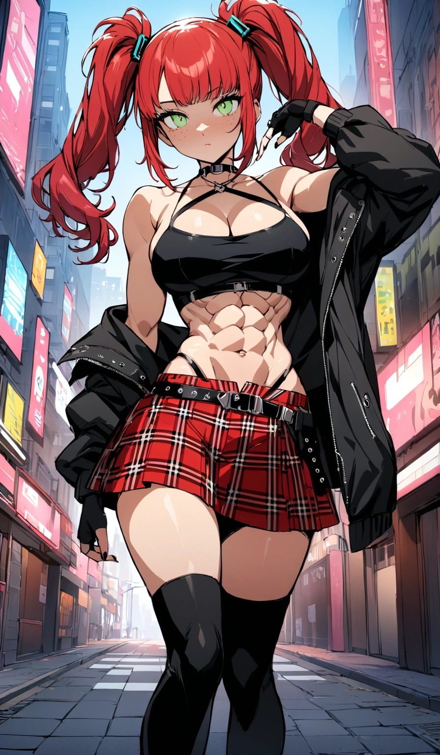 woman, curly red hair in pig tails, green eyes, wearing crop top black shirt, long black jacket, red plaid skirt, (black knee high boots), black fingerless gloves, exposed shoulders, large breasts, freckles, cleavage, abs, looking at viewer, masterpiece, best quality, Holo-Punk Style, in the city