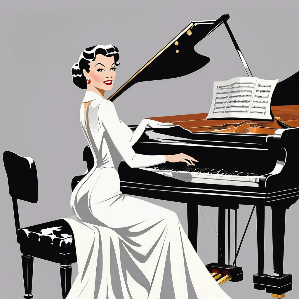 rafed woman in white dress playing a piano on grey background, inspired Tex Avery, Retro illustration, piano, In the style of digital illustration, Flat Vector Art, jazz, 1950s illustration style, stylized digital illustration, Manga style illustration, Tex Avery, Pinup Poster Girl, Vector style drawing, Vector Art Style, Elegant woman