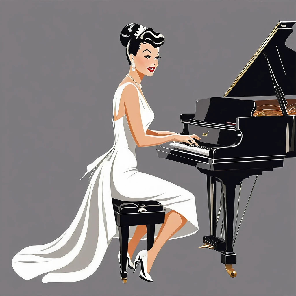 rafed woman in white dress playing a piano on grey background, inspired Tex Avery, Retro illustration, piano, In the style of digital illustration, Flat Vector Art, jazz, 1950s illustration style, stylized digital illustration, Manga style illustration, Tex Avery, Pinup Poster Girl, Vector style drawing, Vector Art Style, Elegant woman