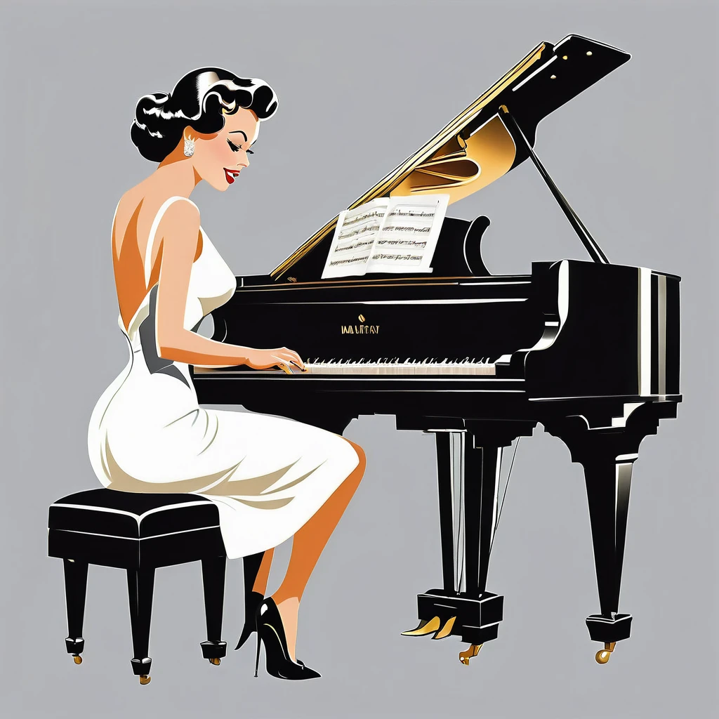 rafed woman in white dress playing a piano on grey background, inspired Tex Avery, Retro illustration, piano, In the style of digital illustration, Flat Vector Art, jazz, 1950s illustration style, stylized digital illustration, Manga style illustration, Tex Avery, Pinup Poster Girl, Vector style drawing, Vector Art Style, Elegant woman