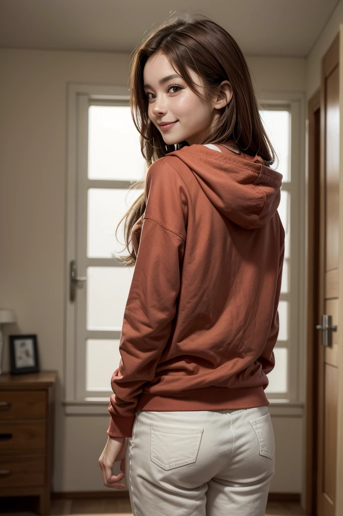 photo of a beautiful girl of 25 years old, wearing only a casual red short shirt with a hoodie and, brown hair with light highlights, in a room, half naked, fit body, no pantys, view from back, medium upper body shot, looking at the camera, cute smile, shallow depth of field
