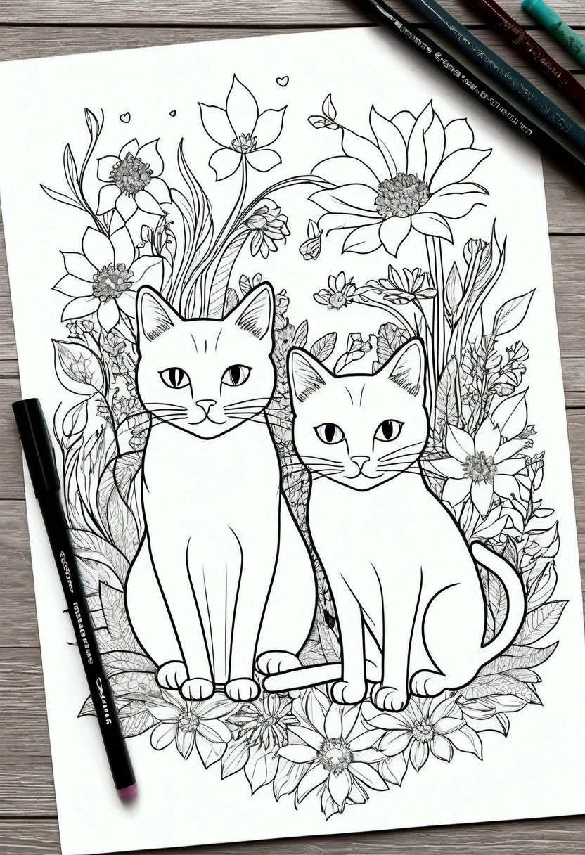 A printable black and white coloring page featuring cats, clean very simple line art