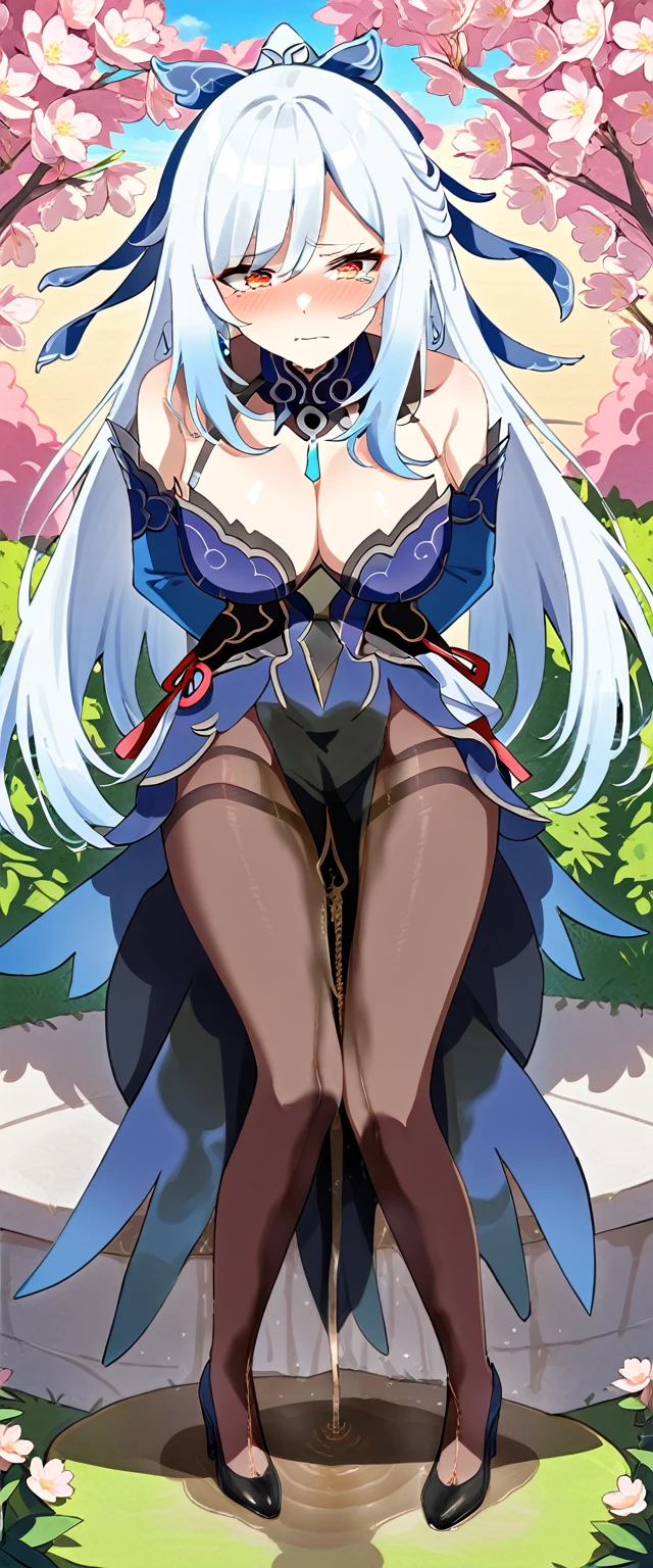 (masterpiece:1.37), best quality, (extremely detailed:1.37), (1girl:1.5), woman, (mature:1.5), (adult:1.5), jingliu, white hair, long hair, ponytail, hair ribbon, red eyes, earrings, jewelry, dress, pantyhose, (pelvic curtain:1.5), (extremely detailed eyes:1.37), (wetting self:2.0), desperation, (standing:1.5), embarrassed, humiliation, blushing, angry, cherry blossoms, garden, (golden hour:1.5), full body, (crossing legs:1.5), from above