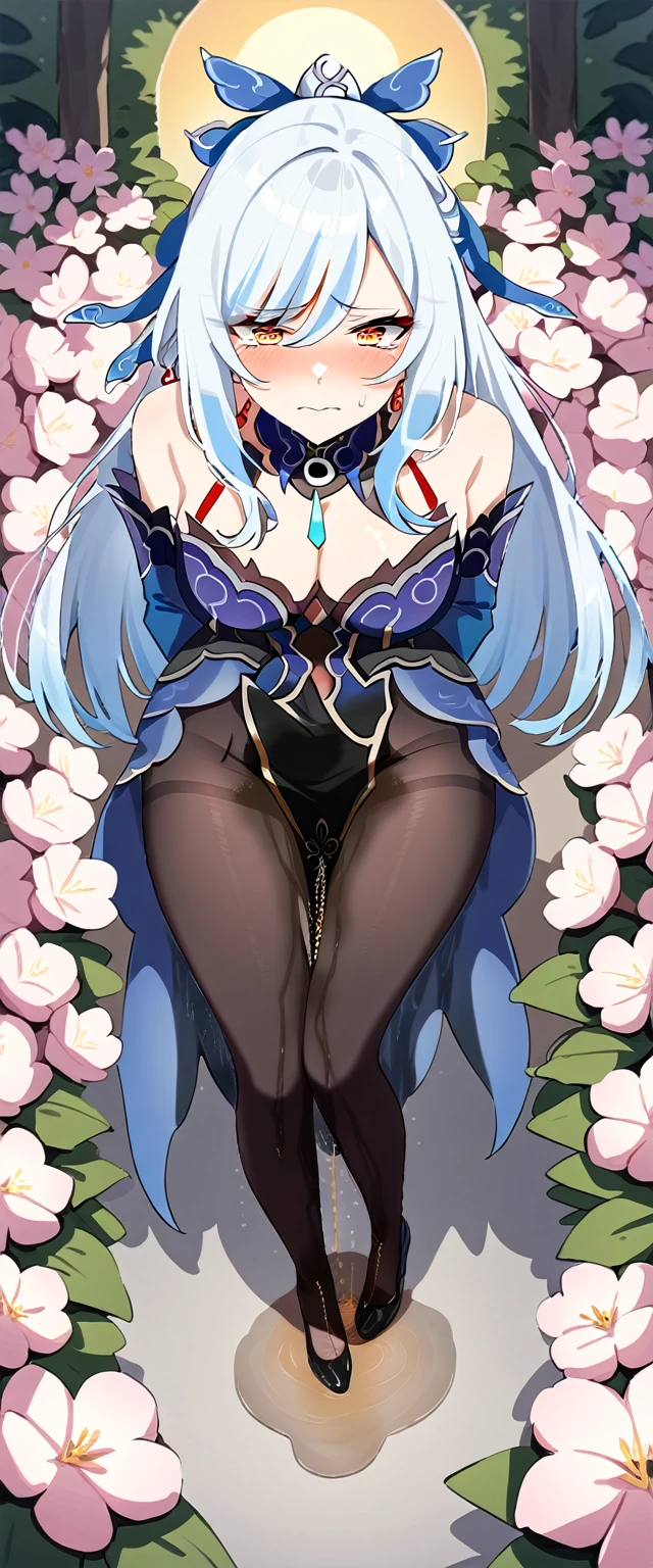 (masterpiece:1.37), best quality, (extremely detailed:1.37), (1girl:1.5), woman, (mature:1.5), (adult:1.5), jingliu, white hair, long hair, ponytail, hair ribbon, red eyes, earrings, jewelry, dress, pantyhose, (pelvic curtain:1.5), (extremely detailed eyes:1.37), (wetting self:2.0), desperation, (standing:1.5), embarrassed, humiliation, blushing, angry, cherry blossoms, garden, (golden hour:1.5), full body, (crossing legs:1.5), from above