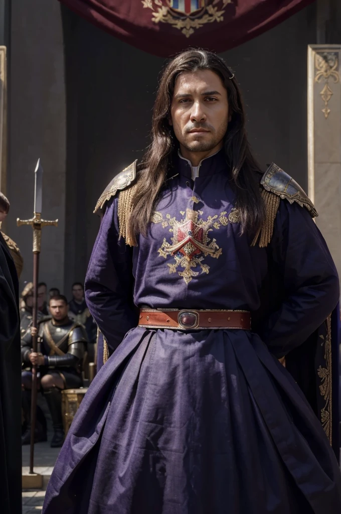 ((Best quality, 8k, Masterpiece :1.3)), Sharp focus :1.2, dynamic light, an imperial emperor standing in front of a powerful army in the background, epic scene, wide perspective, medieval period, luxury, powerful empire, purple outfit, core color is red, banner, fancy sword, roman