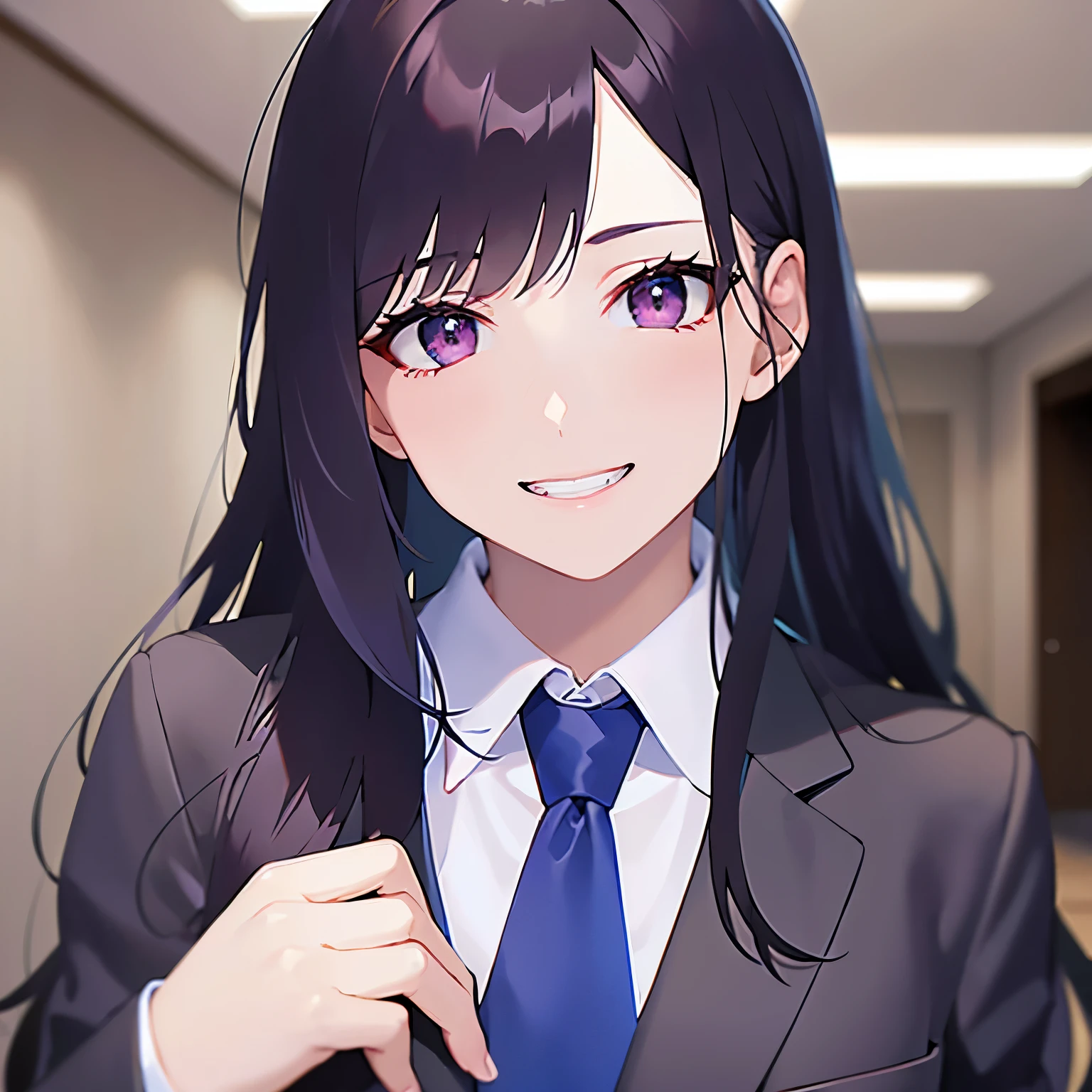 (hand on own cheek:1.3)、head tilt, Upper Body, Realistic, real person, (pale skin: 1.2), RAW photo, photorealistic, shiny skin, shiny hair、(A 25-year-old woman with straight hair and bangs) and (medium hair) and (black hair) and (purple eyes) , (suit:1.5) and (Blue tie） 、(grin:1.2), The background is the conference room、Alone、Are standing