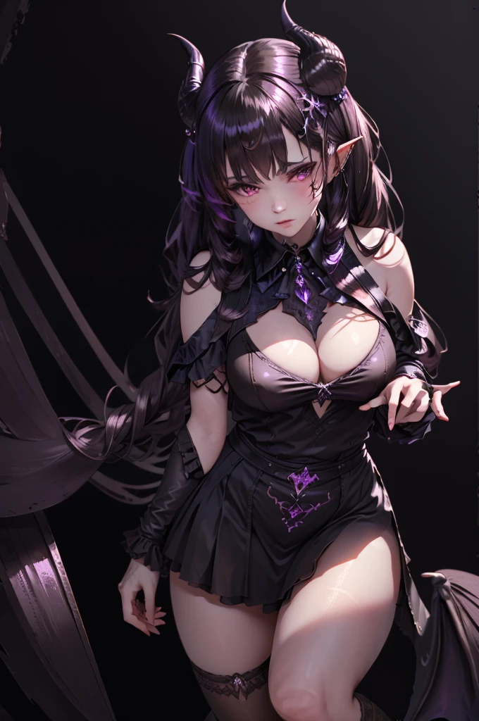 a demonic succubus woman with purple wings and tail, brown hair, golden eyes, thin purple horns, wearing a white dress with a leather jacket, fine facial features and almond-shaped eyes, (best quality,4k,8k,highres,masterpiece:1.2),ultra-detailed,(realistic,photorealistic,photo-realistic:1.37),digital painting,concept art,fantasy,dark fantasy,dramatic lighting,dramatic shadows,cinematic,moody,vibrant colors,glowing eyes
