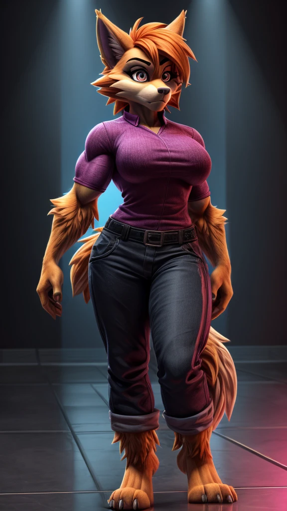 Skye from Paw Patrol, as a female lycanthrope, anthro, mature adult, muscular, tomboy, tall, massive female, long fluffy messy orange hair, magenta iris, standing, serious, solo, beautiful, high quality, 4K